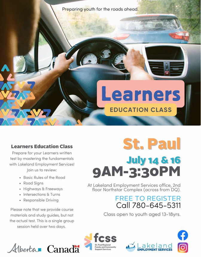 St. Paul Regional FCSS event poster for Learners Education Class on July 14 and 16, 2026