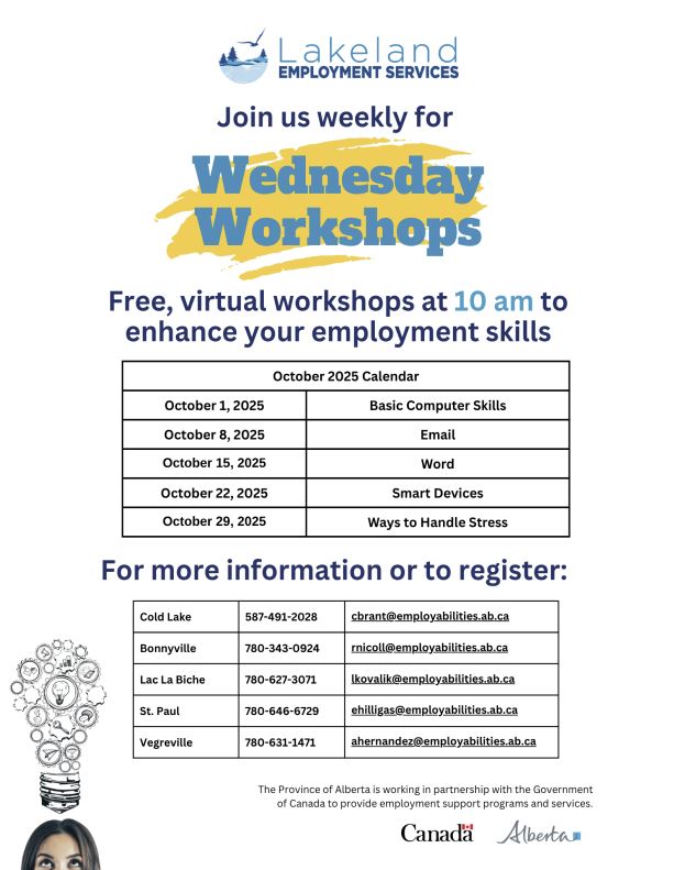 LES-Events-Wednesday In-Person Workshops 202510 Lakeland Employment Services event poster for October 2025 online workshops available for all Albertans