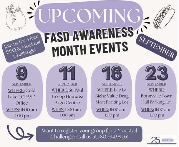 Lakeland Centre for FASD event poster for the Annual BBQ and Mocktail Challenge on September 11, 2026, in St. Paul, Alberta