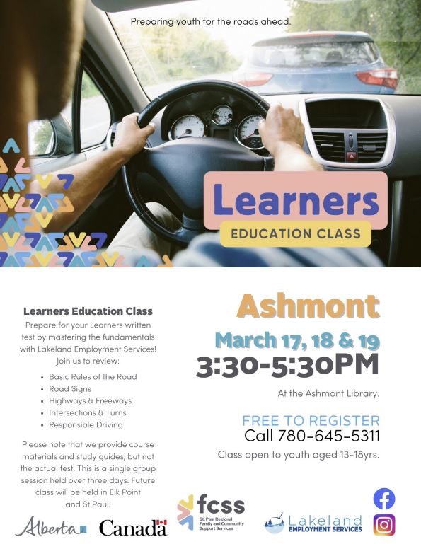 St. Paul Regional FCSS event poster for Learners Education Class from March 17-19, 2026, in Ashmont, Alberta