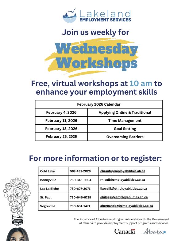 Lakeland Employment Services event poster for February 2026 Online Workshops
