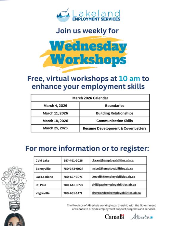Lakeland Employment Services event poster for March 2026 Online Workshops