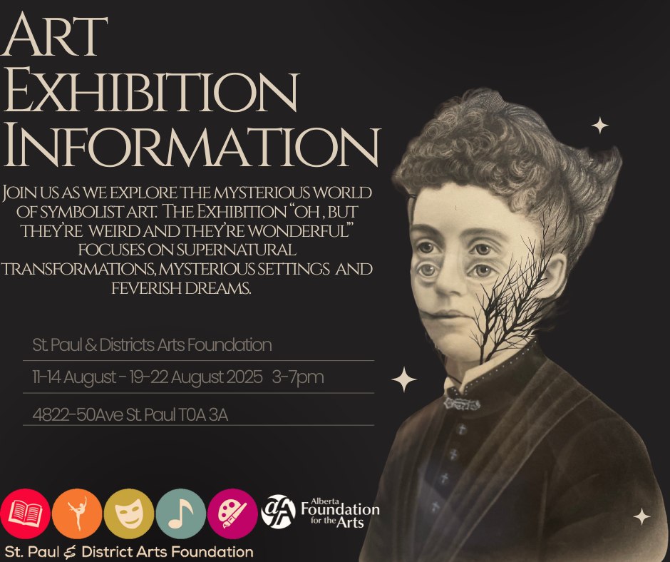 St. Paul Arts-Events-Exhibition 202508 St. Paul & District Arts Foundation event poster for the art exhibit "Oh, but they're weird and wonderful" from August 11-14 and August 19-22, 2025