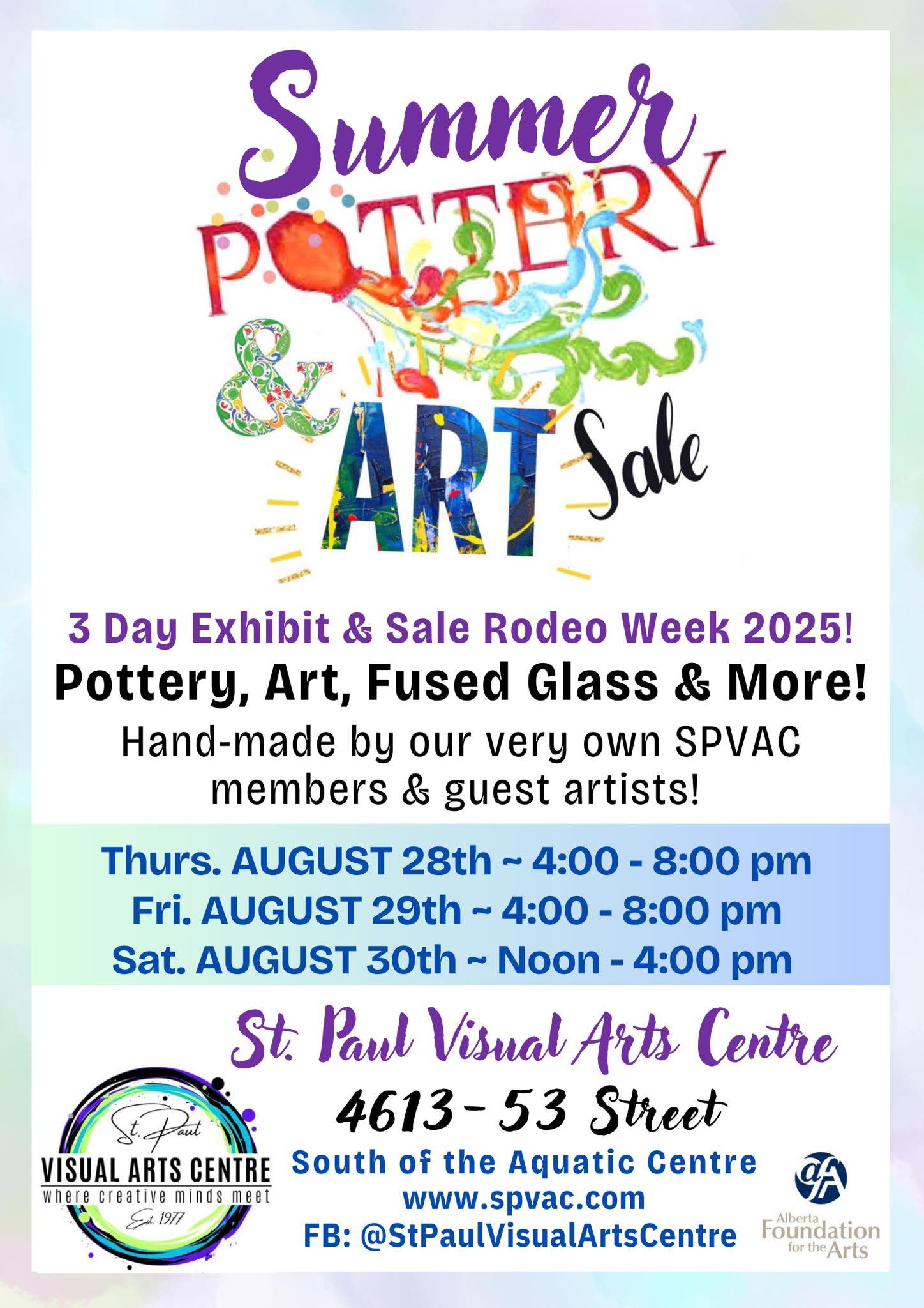 SPVAC-Events-Summer Pottery & Art Sale 20250828-30 St. Paul Visual Arts Centre event poster for the 3-day Summer Pottery & Art Sale, from August 28-30. 2025, in St. Paul, Alberta