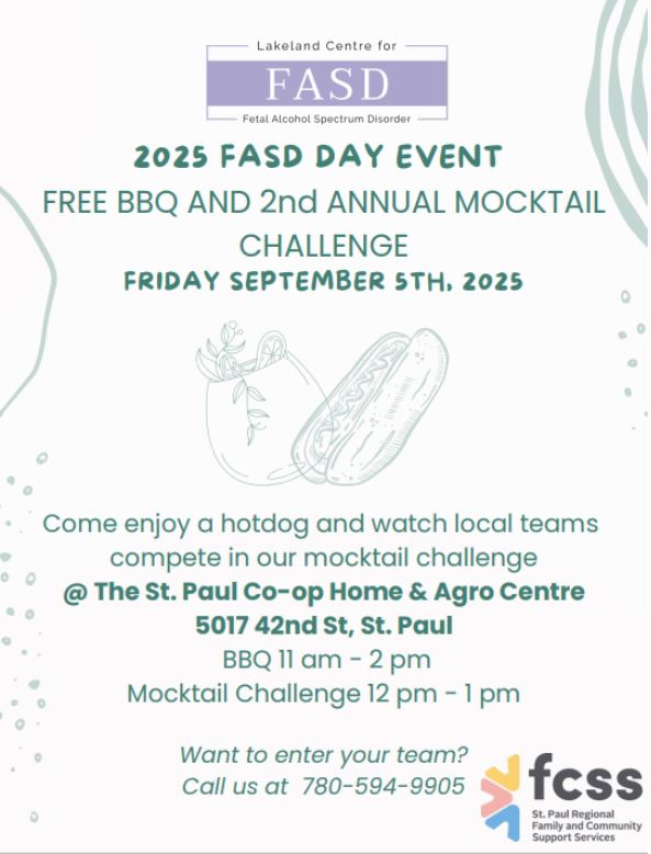 Lakeland Centre for FASD event poster for the 2nd Annual Mocktail Challenge in St. Paul on September 5, 2025