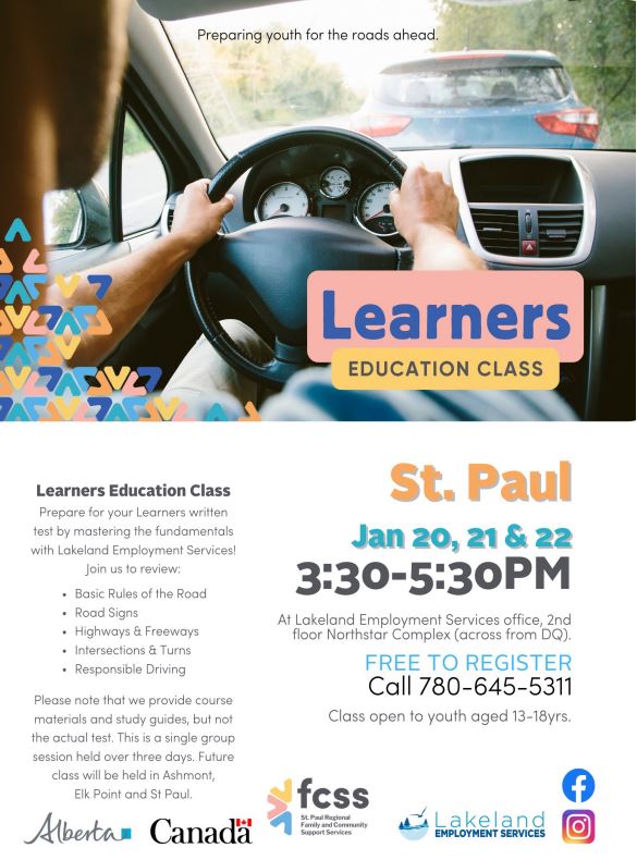 St. Paul Regional FCSS events poster for Learners Education Class in St. Paul, Alberta, from January 20-22, 2026