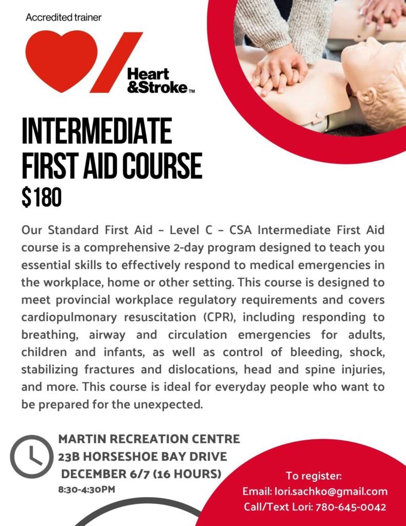 Heart & Stroke event poster for an Intermediate First Aid Course from December 6-7, 2025, in the Summer Village of Horseshoe Bay, Alberta