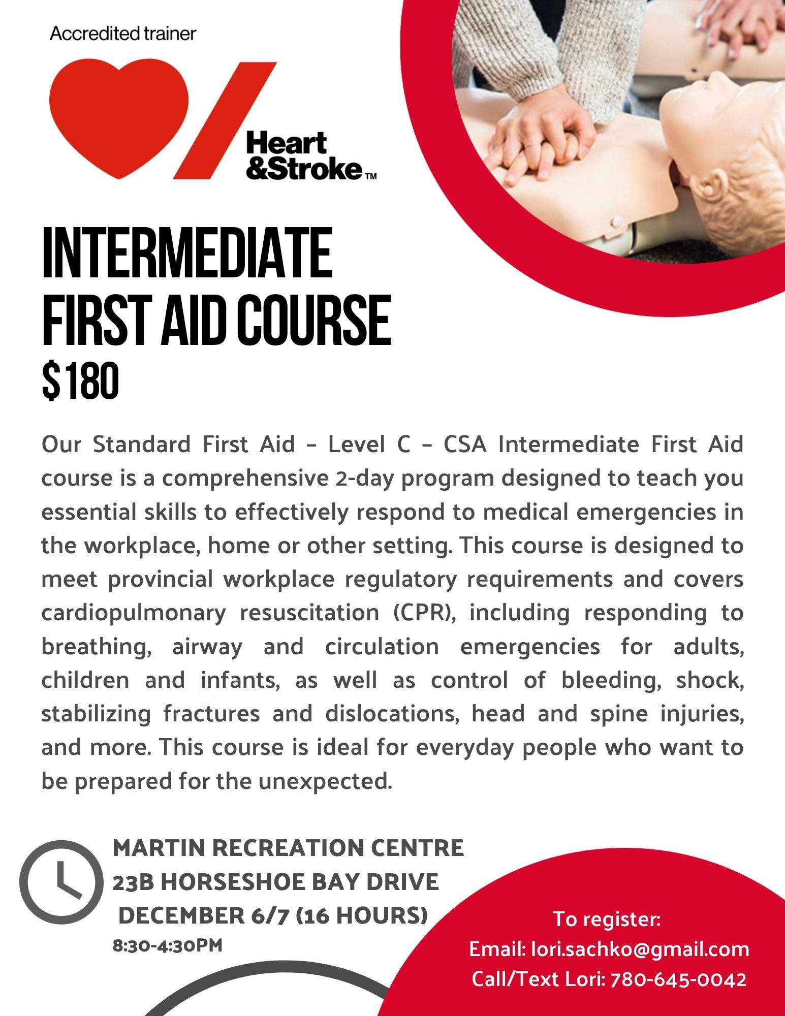 Heart & Stroke event poster for an Intermediate First Aid Course from December 6-7, 2025, in the Summer Village of Horseshoe Bay, Alberta