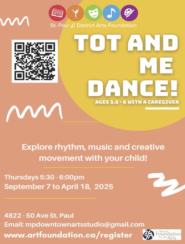 St. Paul Arts-Events-Tot and Me Dance 2025-2026 St. Paul & District Arts Foundation event poster for Tot and Me Dance from September 2025 to April 2026