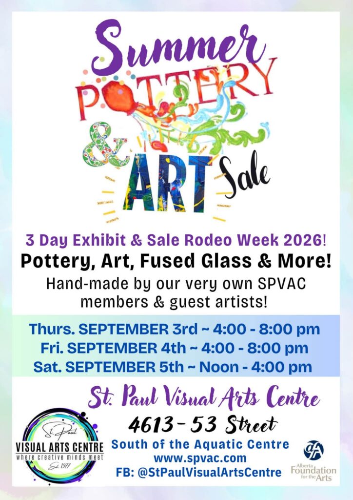 St. Paul Visual Arts Centre event poster for Summer Pottery & Art Sale from September 3-5, 2026