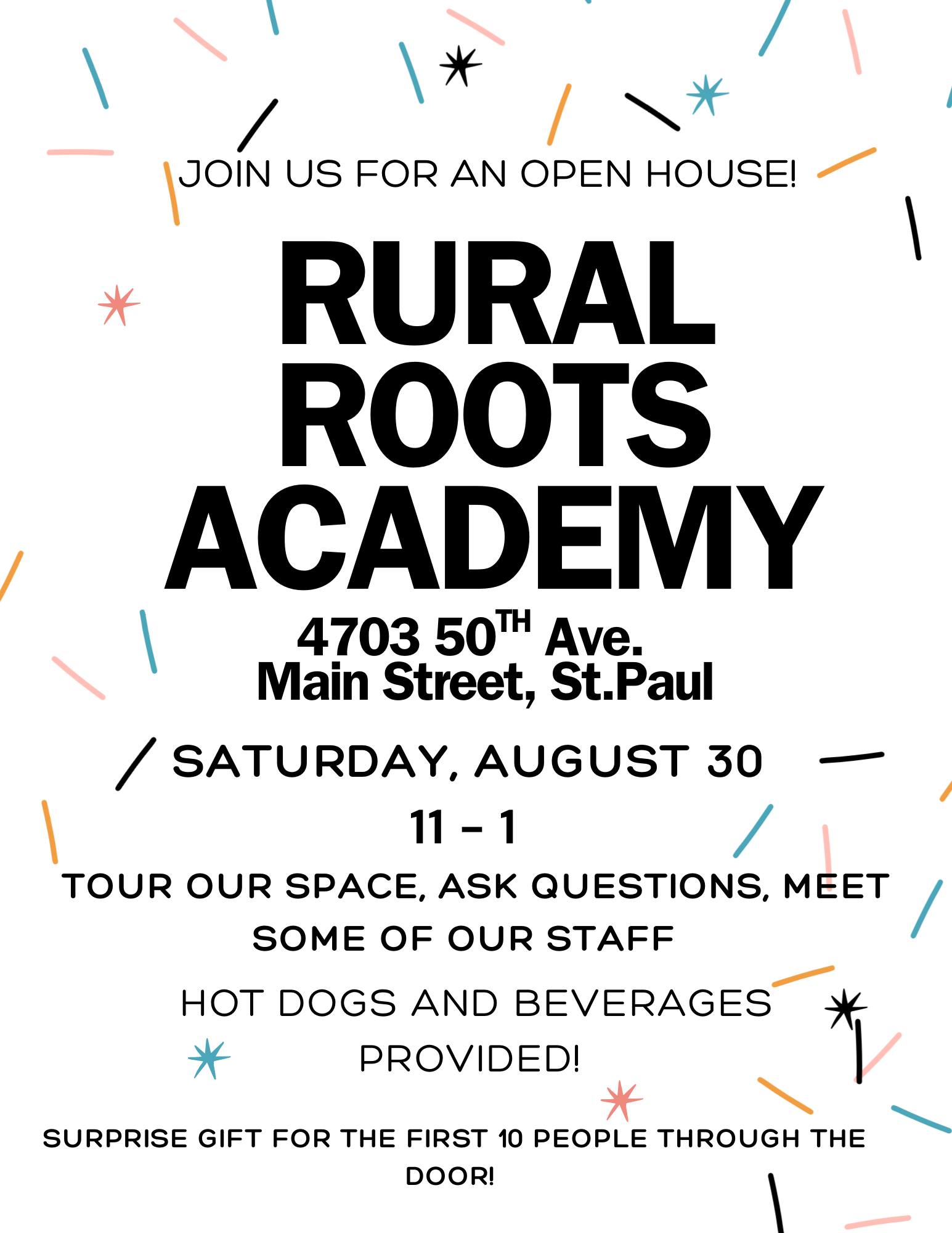 Rural Roots Academy event poster for their Open House in St. Paul, Alberta, on August 30, 2025