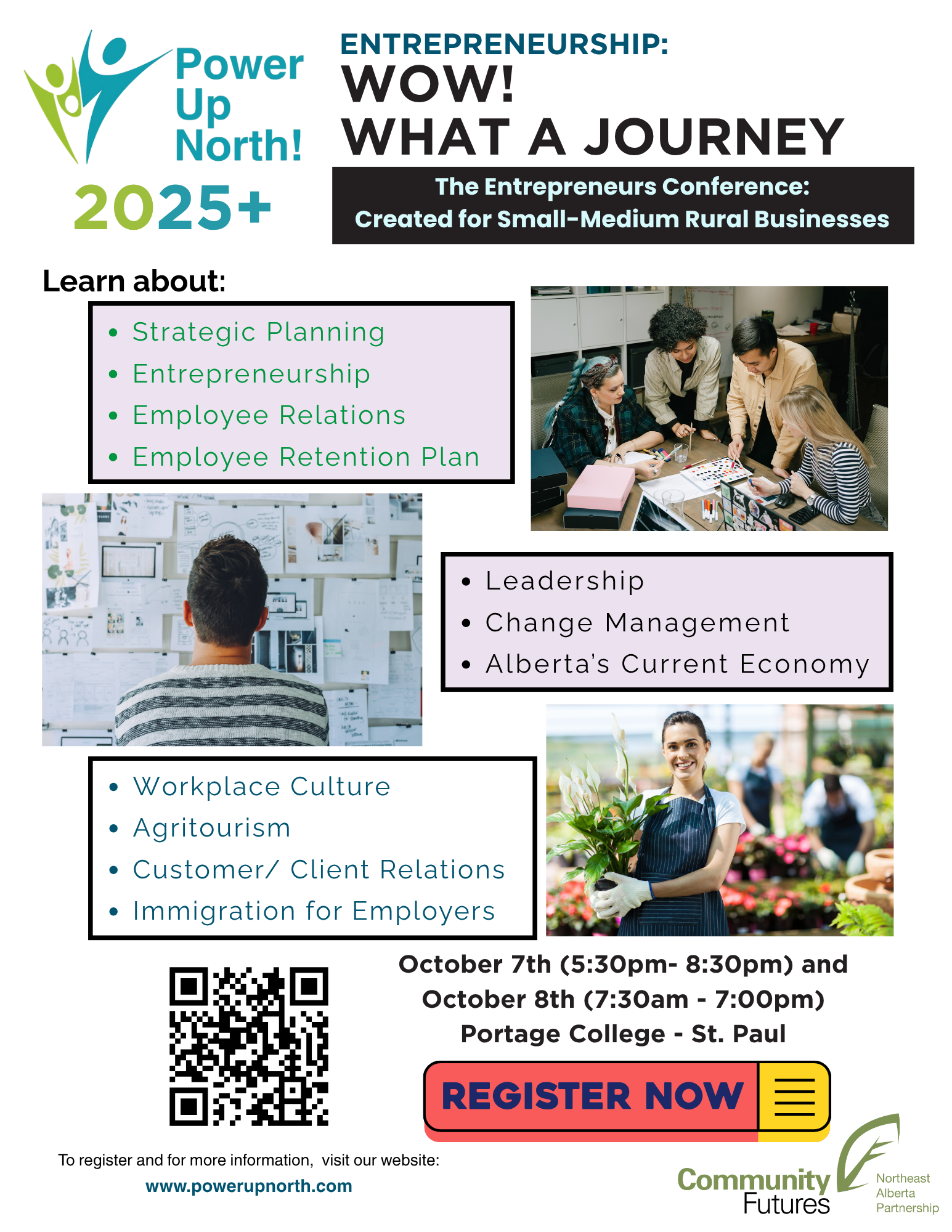 Community Futures St. Paul-Smoky Lake event poster for Power Up North! conference in St. Paul, Alberta, on October 7-8, 2025