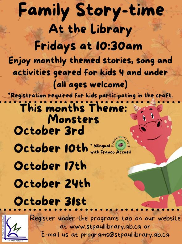 St. Paul Library-Events-Family Storytime 202510 St. Paul Municipal Library event poster for October 2025 Family Storytime