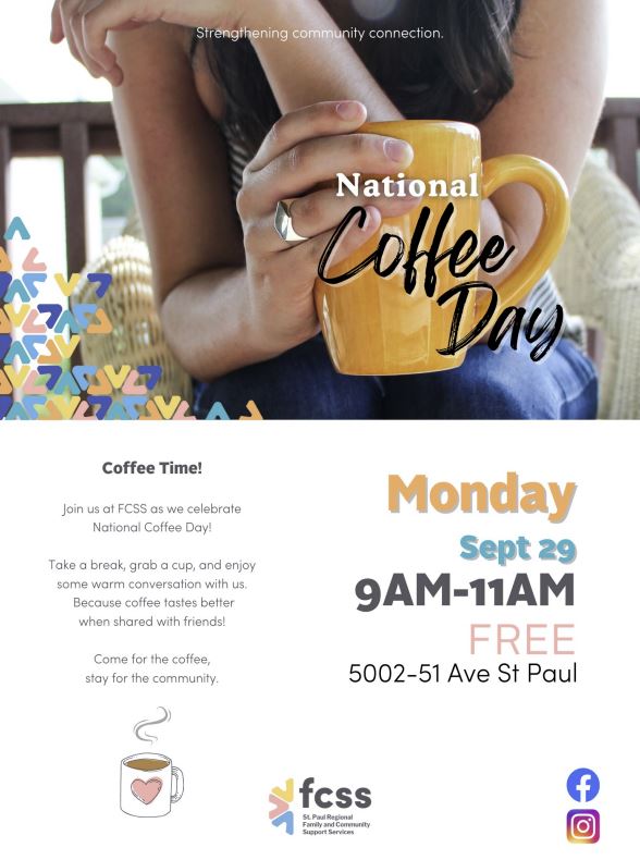 FCSS-Events-National Coffee Day 20250929 St. Paul Regional FCSS event poster for National Coffee Day on September 29, 2025