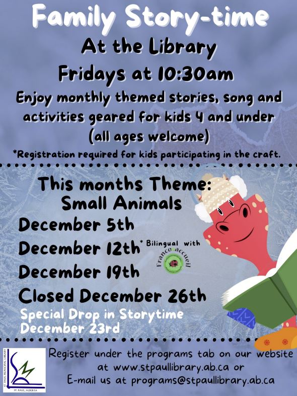 St. Paul Municipal Library event poster for Family Story-time throughout December 2025
