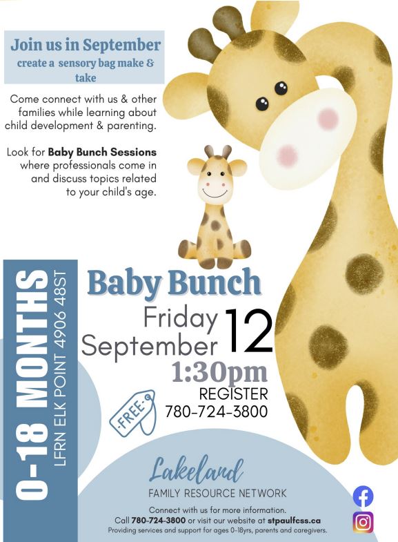 LFRN-Events-Baby Bunch 20250912 Lakeland Family Resource Network event poster for Baby Bunch in Elk Point, Alberta, on September 12, 2025