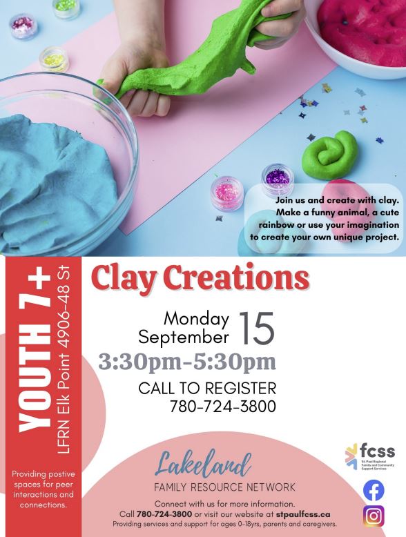 Lakeland Family Resource Network event poster for Clay Creations in Elk Point, Alberta, on September 15, 2025