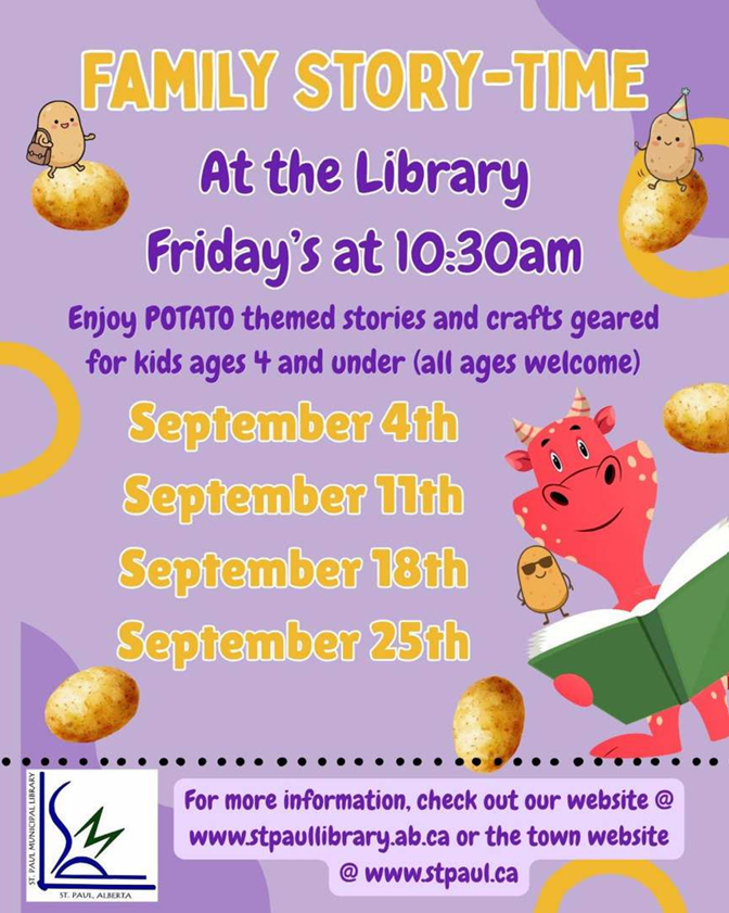 St. Paul Municipal Library event poster for Family Storytime weekly in September 2026