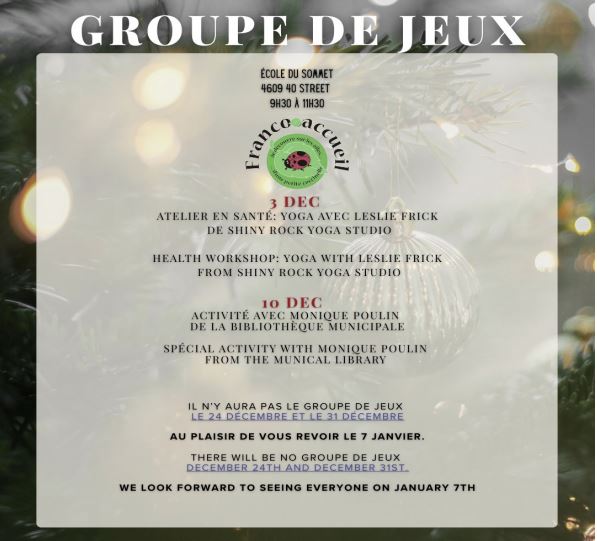Franco-accueil event poster for Groupe de jeux in December 2025 in St. Paul, Alberta