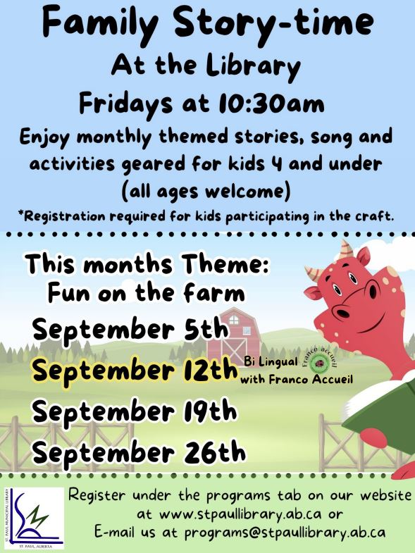 St. Paul Municipal Library event poster for Family Story-time in September 2025