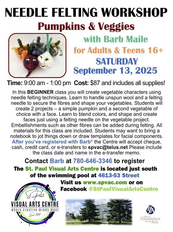 SPVAC-Events-Needle Felting Workshop 20250913 St. Paul Visual Arts Centre event poster for a Needle Felting Workshop on September 13, 2025