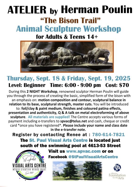 SPVAC-Events-Animal Sculpture Workshop 20250918-19 St. Paul Visual Arts Centre event poster for an Animal Sculpture Workshop from September 18-19, 2025