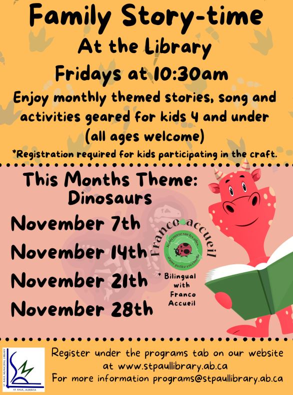 St. Paul Municipal Library event poster for Family Storytime, weekly on Fridays throughout November 2025