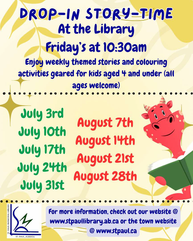 St. Paul Municipal Library event poster for Family Storytime throughout July and August 2026
