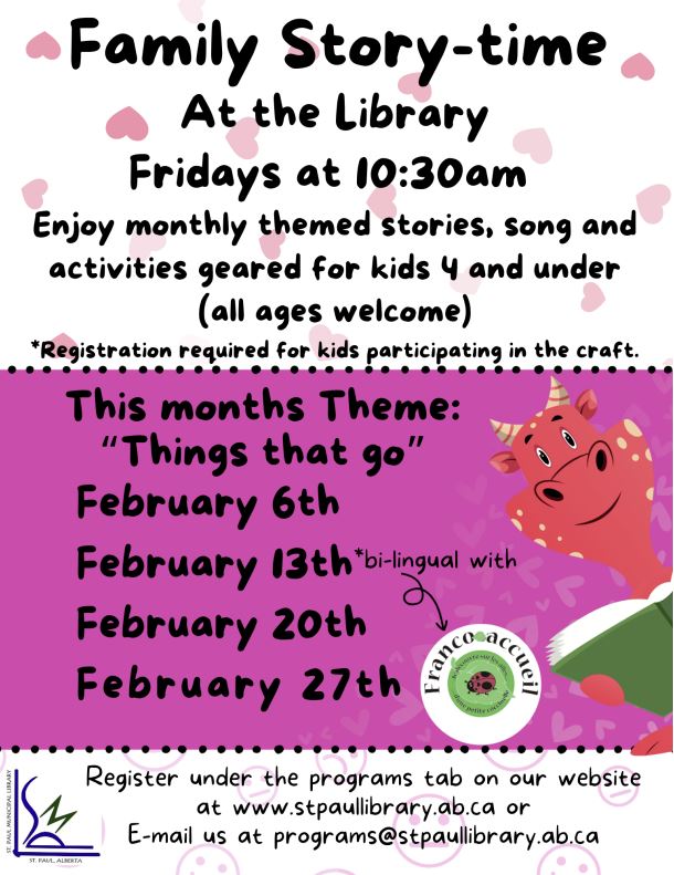 St. Paul Municipal Library event poster for Family Story-time for February 2026