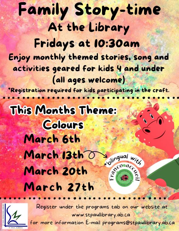 St. Paul Municipal Library event poster for Family Storytime on Fridays in March 2026