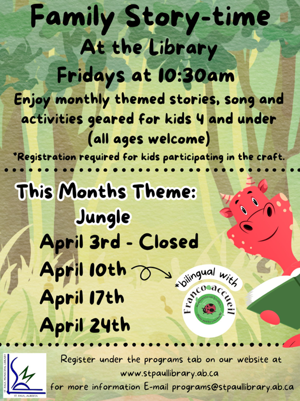 St. Paul Library event poster for Family Storytime in April 2026