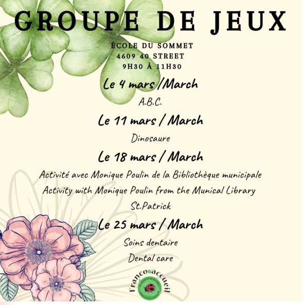 Franco-accuiel event poster for Groupe de Jeux throughout March 2026 in St. Paul. Alberta