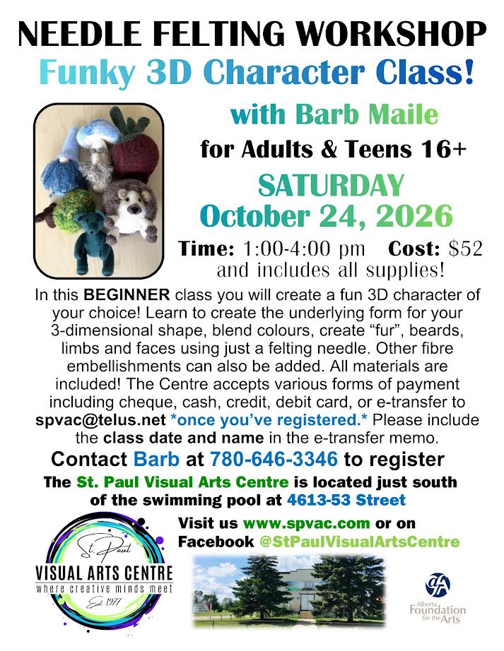 St. Paul Visual Arts Centre event poster for a Needle Felting Workshop on October 24, 2026