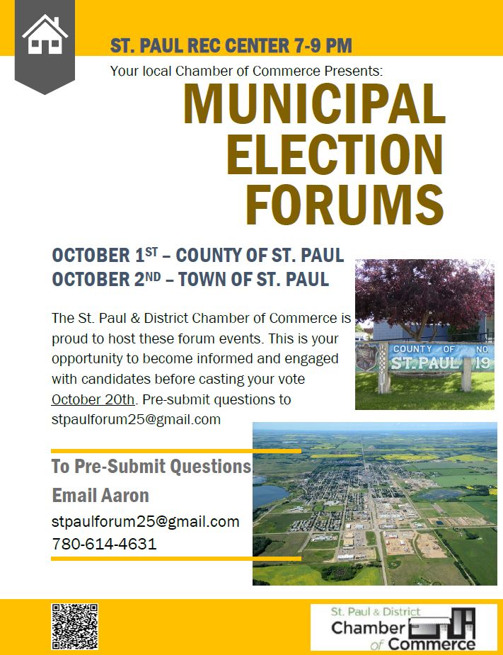 St. Paul & District Chamber of Commerce event poster for Municipal Election Forums held in October 2025