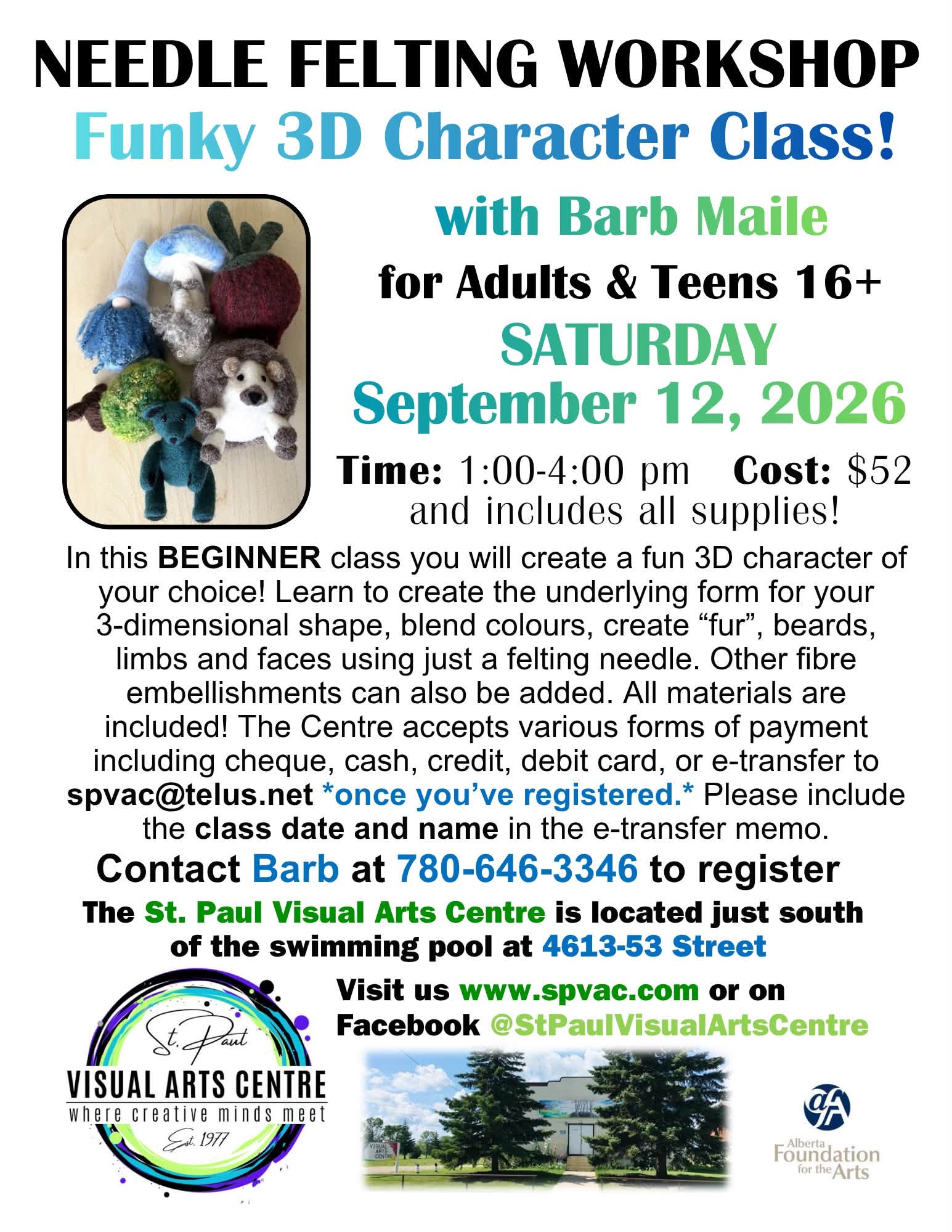 St. Paul Visual Arts Centre event poster for Needle Felting Workshop on September 12, 2026