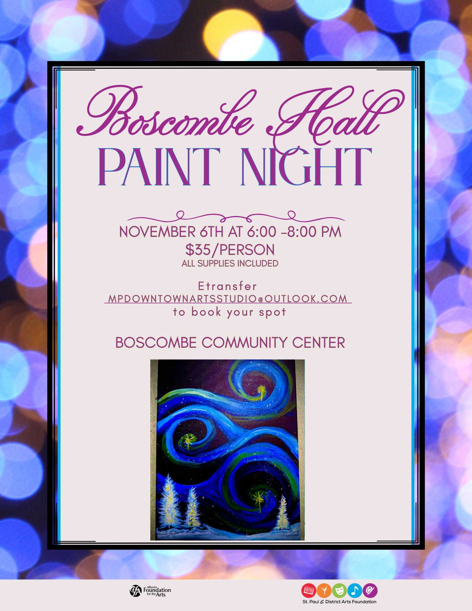 St. Paul & District Arts Foundation event poster for Paint Night at Boscombe Hall on November 6, 2025