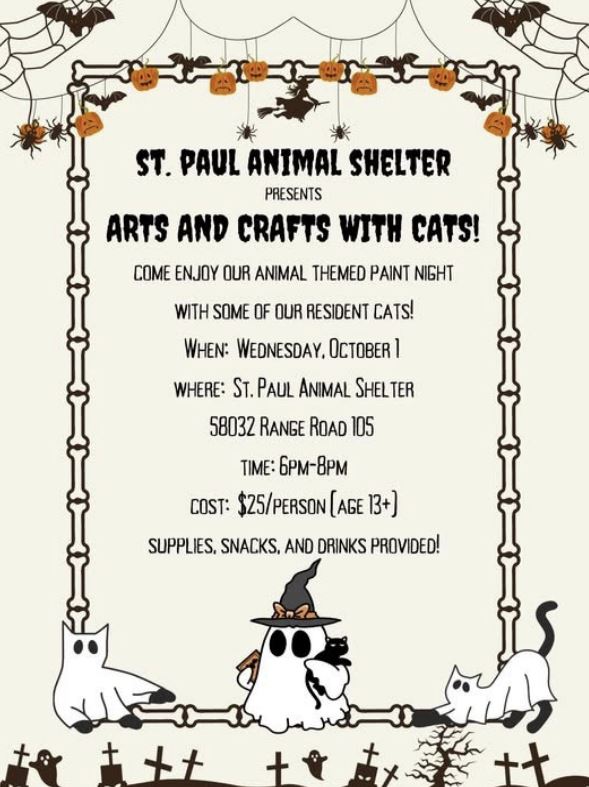 St. Paul Animal Shelter event poster for Arts & Crafts with Cats on October 1, 2025, at the shelter outside of St. Paul, Alberta