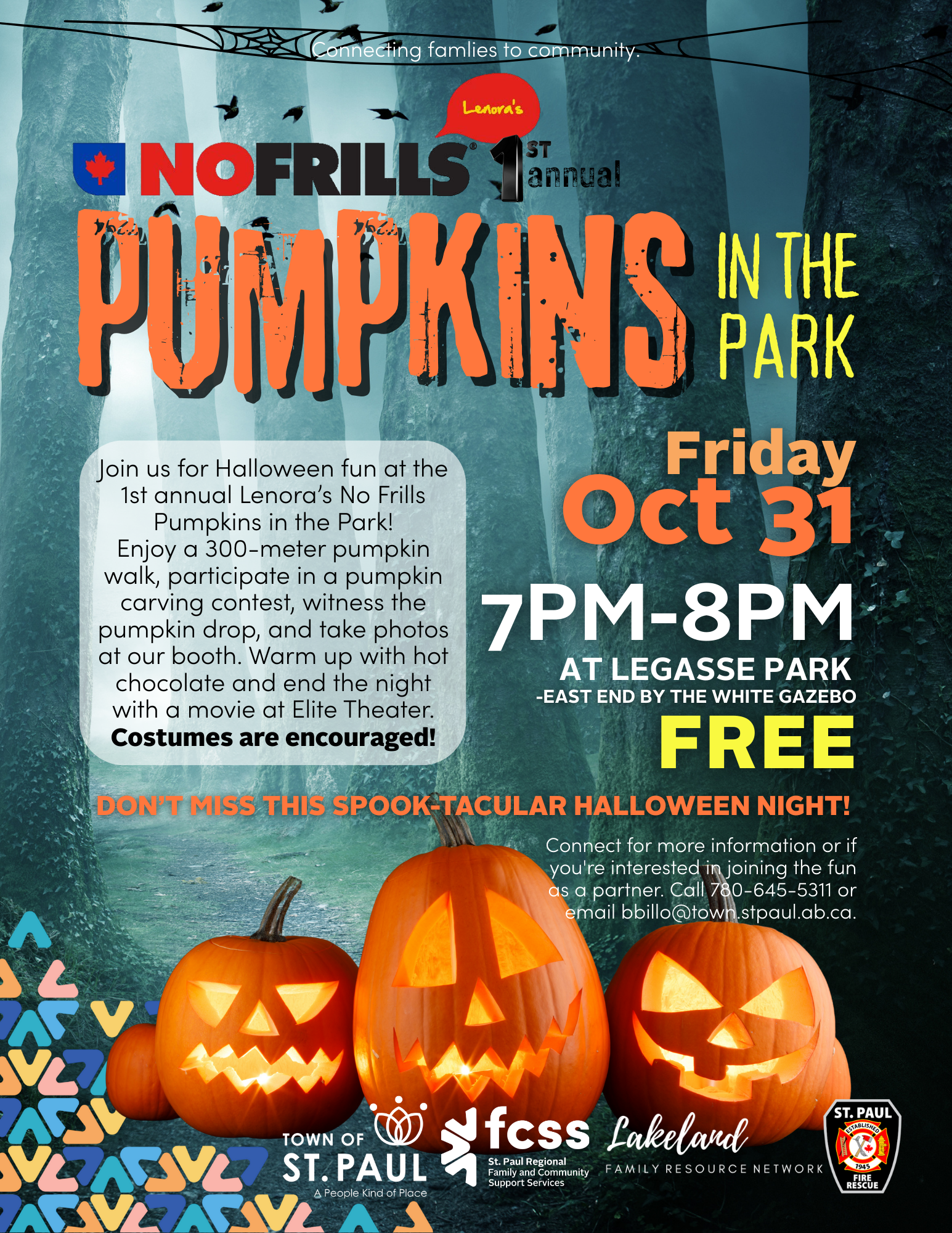 FCSS-Events-Pumpkins in the Park 20251031 St. Paul Regional FCSS event poster for Lenora's No Frills Pumpkins in the Park on October 31, 2025