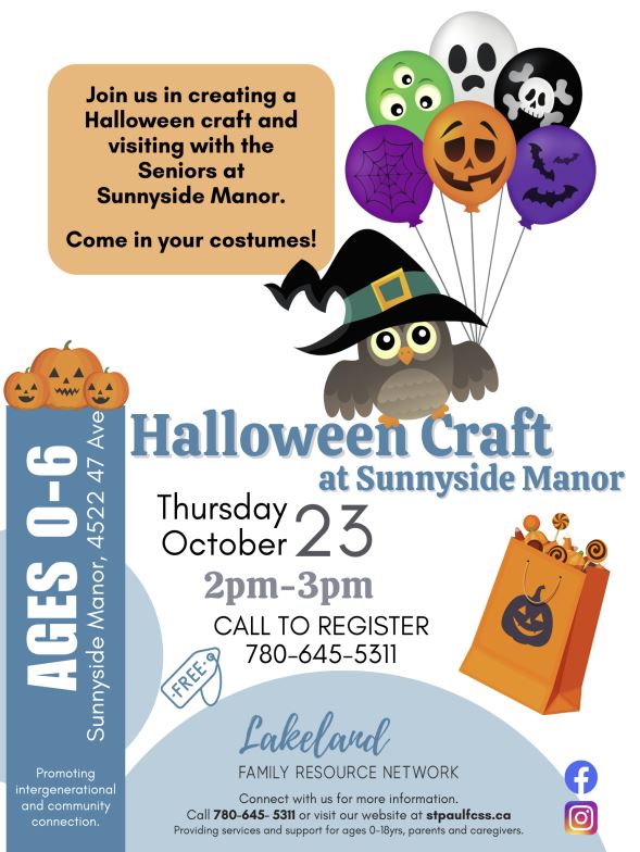 LFRN-Events-Halloween Craft 20251023 Lakeland Family Resource Network event poster for Halloween Craft at Sunnyside Manor in St. Paul, Alberta, on October 23, 2025
