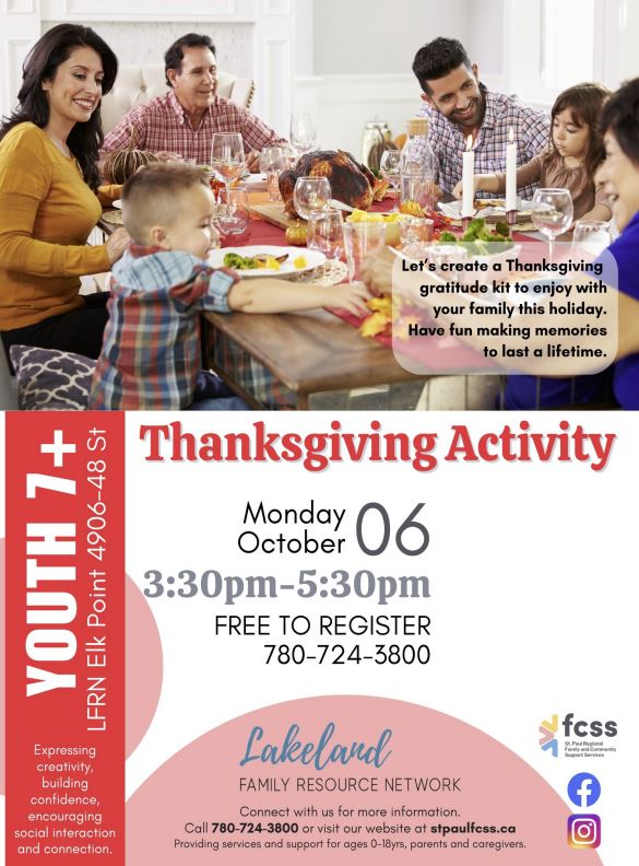 LFRN-Events-Thanksgiving Activity 20251006 Lakeland Family Resource Network event poster for Thanksgiving Activity in Elk Point, Alberta, on October 6, 2025