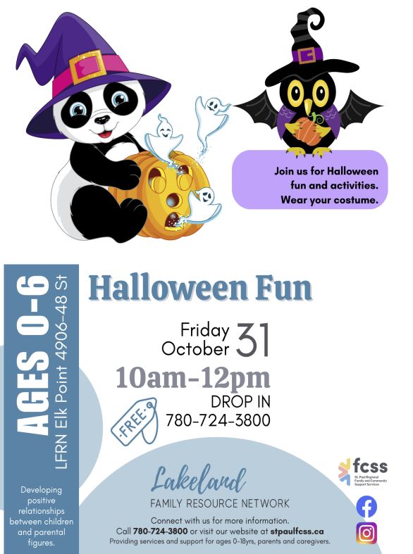 Lakeland Family Resource Network event poster for Halloween Fun in Elk Point, Alberta, on October 31, 2025