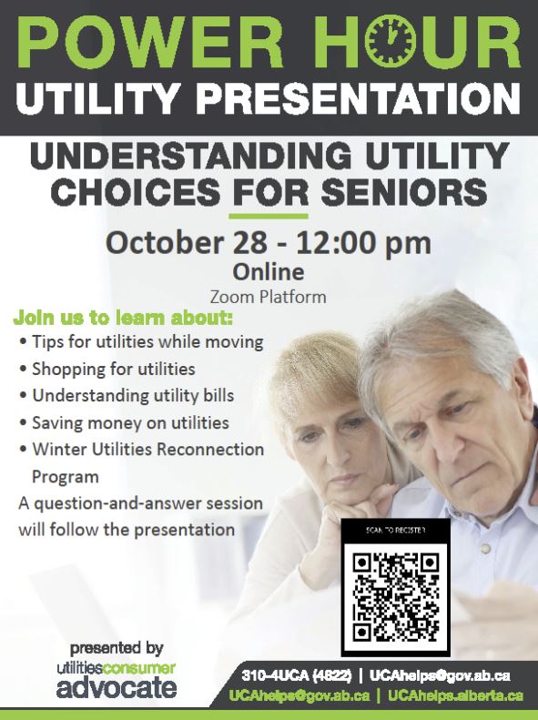 Utilities Consumer Advocate-Events-Presentation to Seniors 20251028 Utilities Consumer Advocate event poster for a Power Hour Utility Presentation on October 28, 2025, online for Alberta seniors