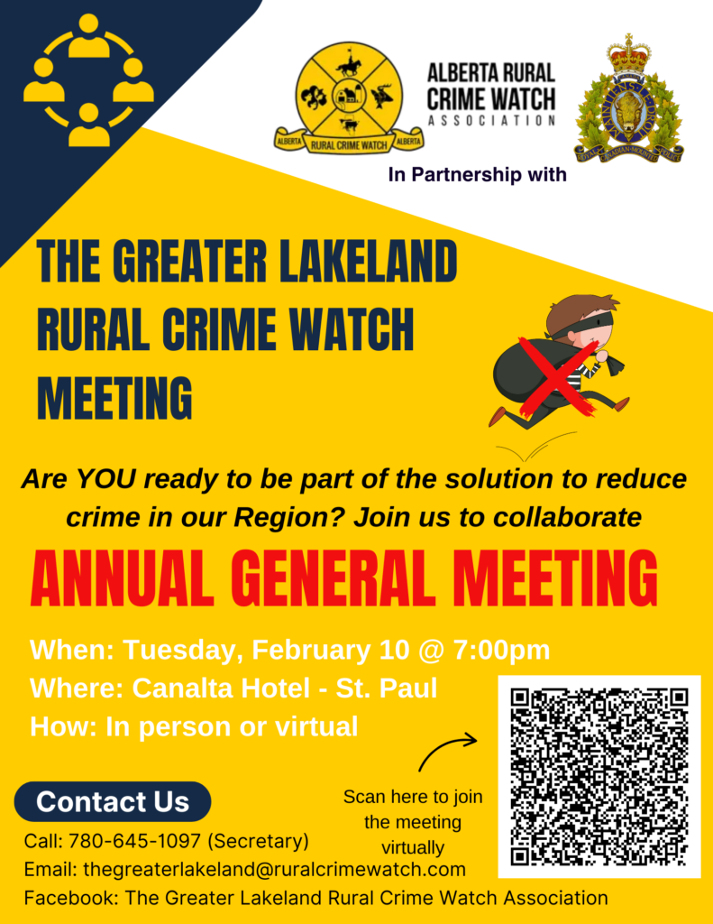 The Greater Lakeland Rural Crime Watch event poster for their Annual General Meeting on February 10, 2026