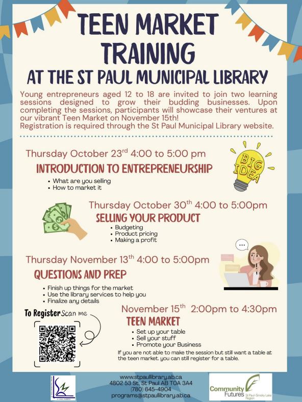 CF-Events-Teen Market Training 202510-11 St. Paul Municipal Library and Community Futures event poster for Teen Market Training from October-November 2025