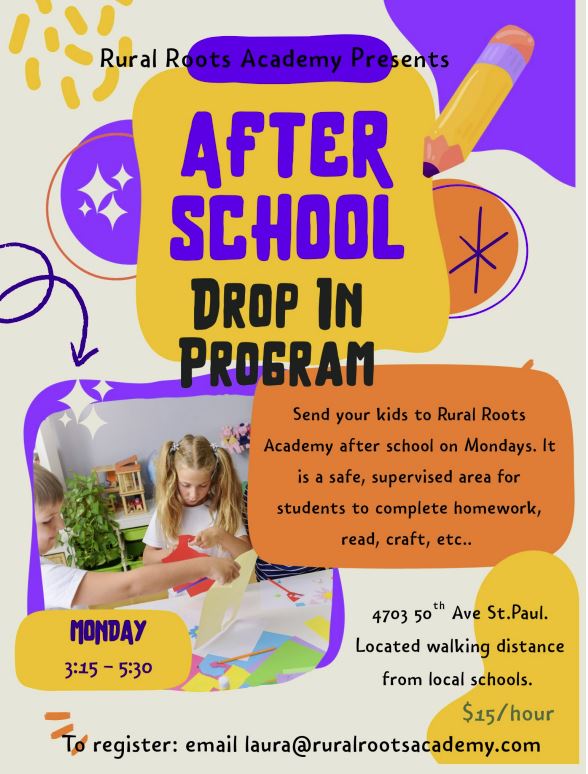 Rural Roots Academy event poster for After School Drop-in Program for the 2025-26 school year in St. Paul, Alberta