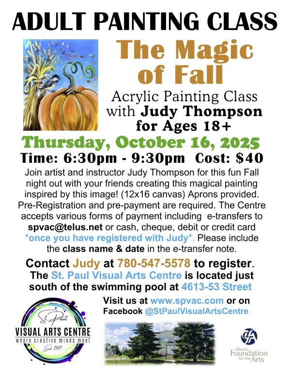 SPVAC-Events-Adult Painting Class 20251016 St. Paul Visual Arts Centre event poster for Adult Painting Class on October 16, 2025