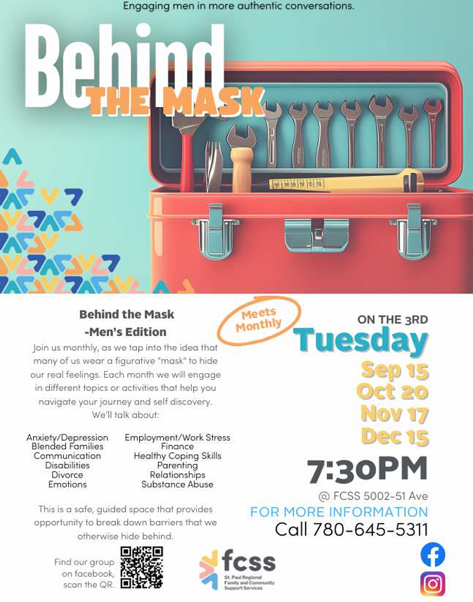 St. Paul Regional FCSS event poster for Men Behind the Mask, running monthly from September-December 2026