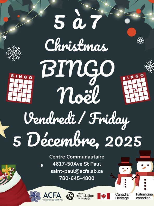 ACFA Saint Paul event poster for Christmas Bingo on December 5, 2025, in St. Paul, Alberta