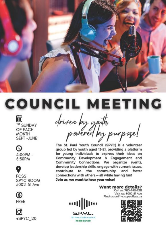 St. Paul Youth Council event poster for Council Meetings in the 2025-2026 term