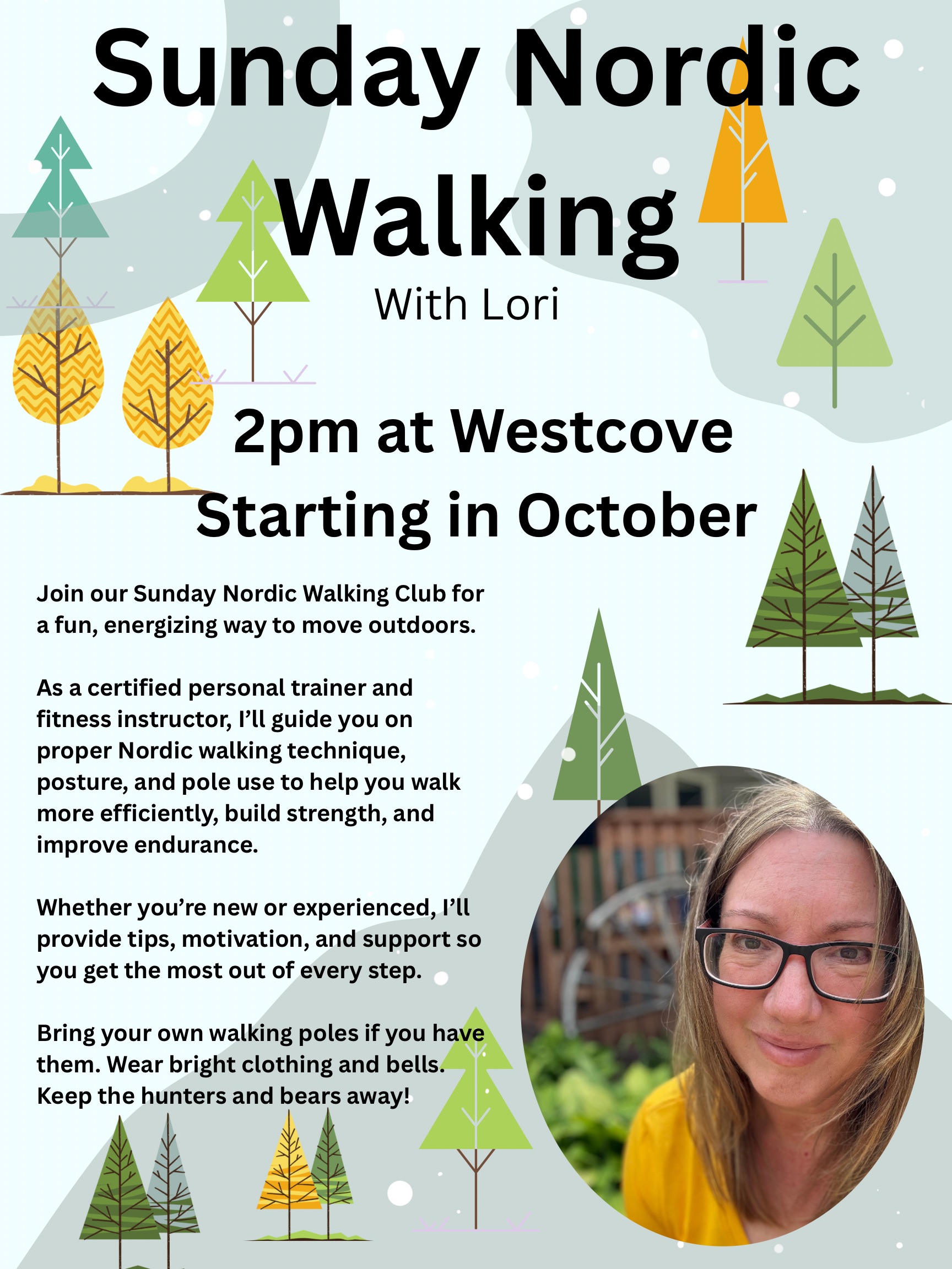 LCCSC-Events-Nordic Walking 2025-26 Lakeland Cross Country Ski Club event poster for Sunday Nordic Walking in Westcove, starting October 2025